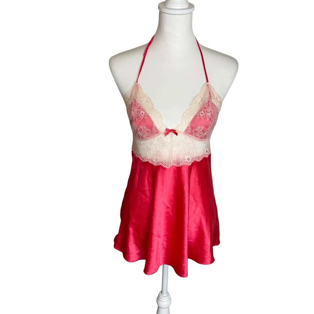 Victoria's Secret Pink Satin Lace Babydoll Chemise Halter Tie Back Camisole M